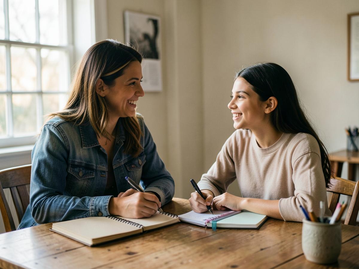 A mentor and a young woman talking together at a table