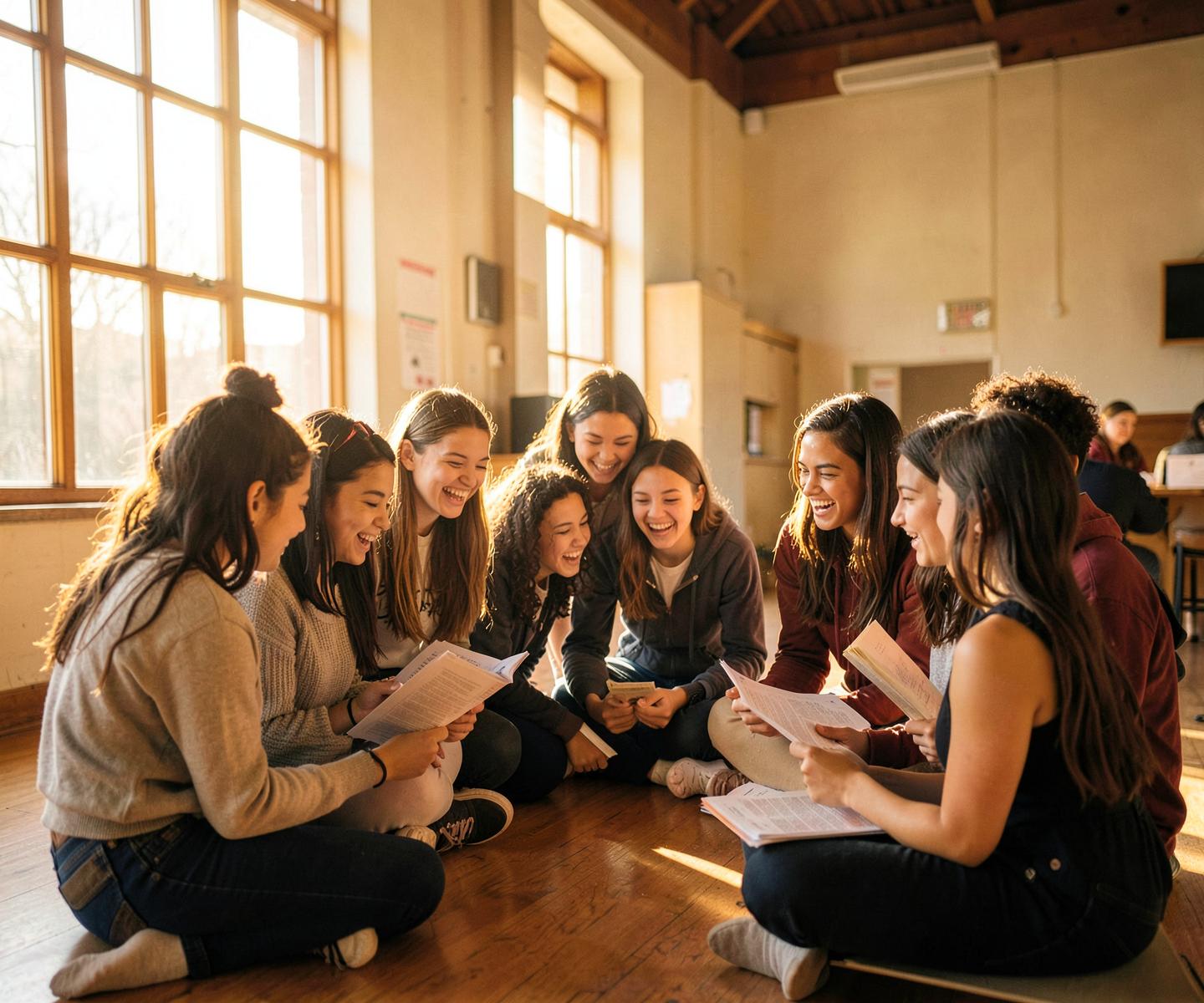 Girls sitting together and reading in a sunlit community hall
